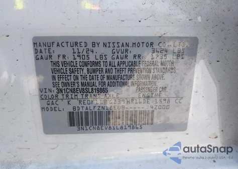 2025 Nissan Versa 1.6 Sv from USA, damaged, VIN 3N1CN8EV8SL819865